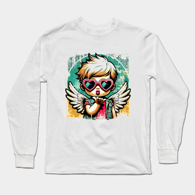 Grunge Love: Distressed Pop Art Cupid Valentine's T-Shirt Long Sleeve T-Shirt by Klimek Prints